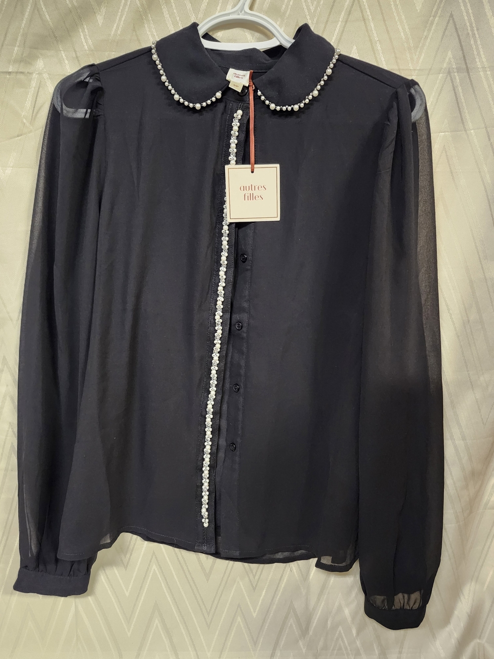 Outres Filles Black Pearl-Collar Sheer Blouse
